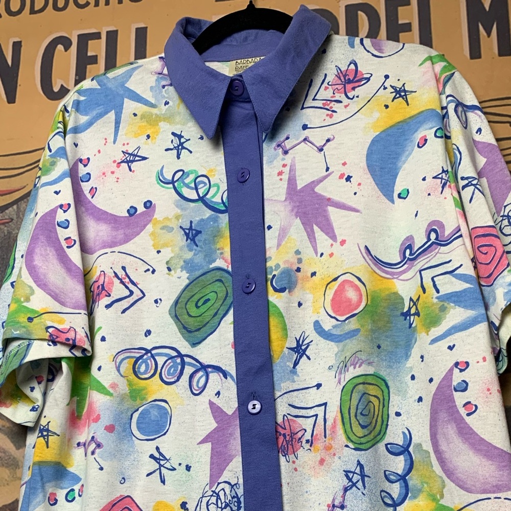 🌙✨Barbara Raye Vintage Abstract Stars & Swirls Short-Sleeve T-Shirt Dress